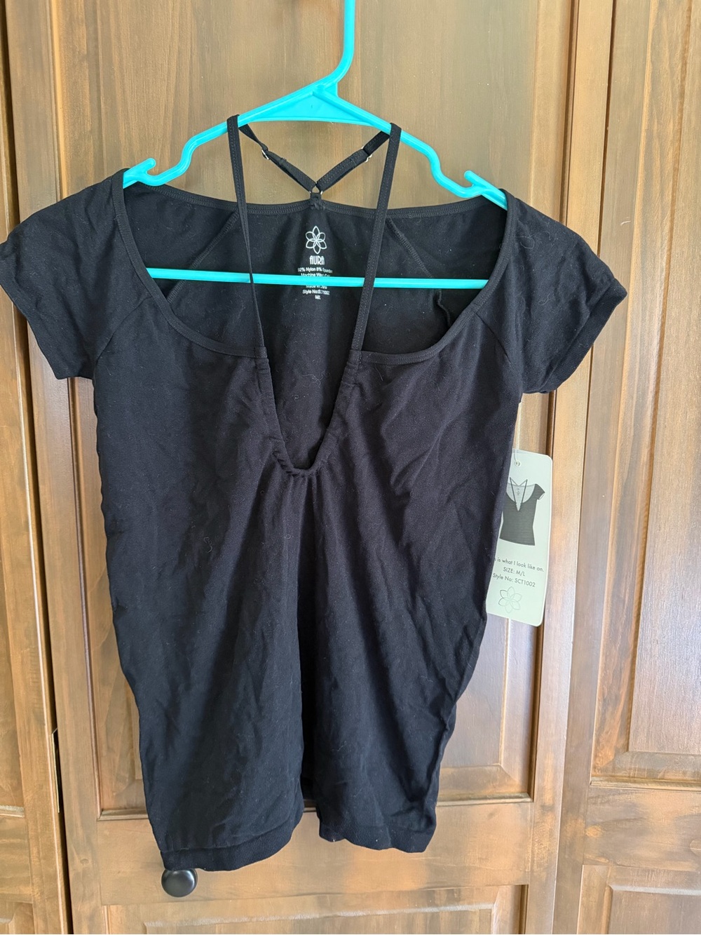 Aura Brand Black Women's Short Sleeve V-Neck Top with Strappy front